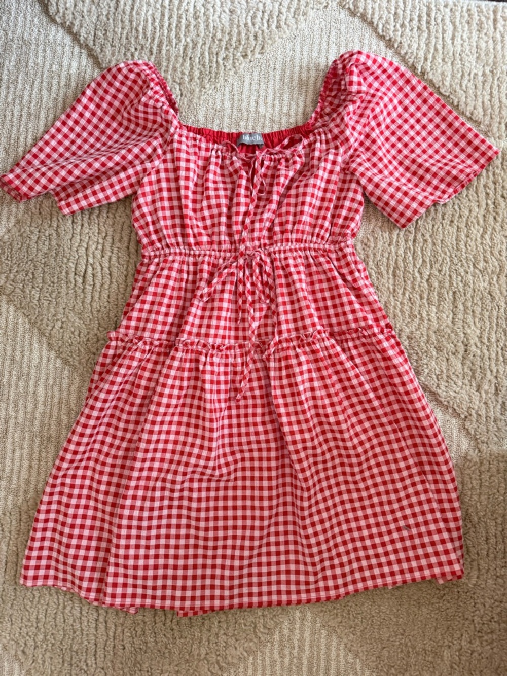 Red Gingham Puff-Sleeve Mini Dress - Unknown Brand